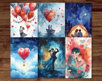 Love Postcards, 6 Printable Romantic Postcard Digital Download, Love Couples Cards Sheets, Valentines Day Postcards Set