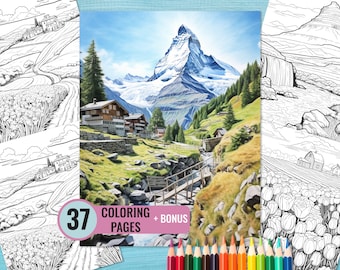 Europe Landscape Coloring Pages, 37 Printable Scenery Coloring Book for Adults, Europe Landmarks Grayscale Coloring Page, Digital Download