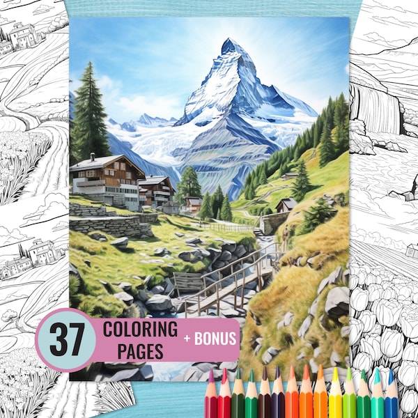 Pages de coloriage de paysages d’Europe, 37 livres de coloriage de paysages imprimables pour adultes, pages de coloriage en niveaux de gris des monuments d’Europe, téléchargement numérique