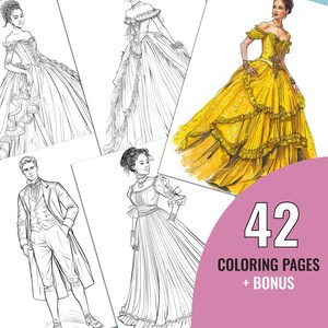 Women&#39;s Outfits 1810s Coloring Book, 42 Printable 1820s Fashion Pages for Adults, Bridgerton Era Fashion Coloring Page, Instant Download