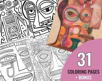 Cubism Art Coloring Book, 31 Printable Painting Coloring Pages for Adults, Abstractionism Coloring Page Instant Download
