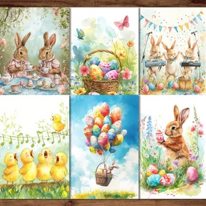 Postales de Pascua, 6 Descarga digital de postales imprimibles, Hojas de postales estilo acuarela, Conjunto de postales de conejito de Pascua