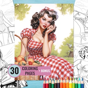 Peut inclure: Un livre de coloriage en noir et blanc avec 30 pages &agrave; colorier et une page bonus. La couverture repr&eacute;sente une femme en robe &agrave; carreaux rouge et blanc tenant un panier de fruits. Le texte "30 Coloring Pages + Bonus" est imprim&eacute; sur la couverture.