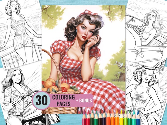 Vintage Women Coloring Book, 30 Printable Pin Up Girls Coloring Pages for Adult, Retro Woman Coloring Page, Instant Download