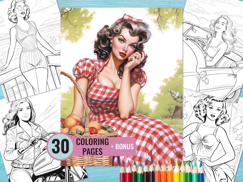 Peut inclure: Un livre de coloriage en noir et blanc avec 30 pages &agrave; colorier et une page bonus. La couverture repr&eacute;sente une femme en robe &agrave; carreaux rouge et blanc tenant un panier de fruits. Le texte "30 Coloring Pages + Bonus" est imprim&eacute; sur la couverture.
