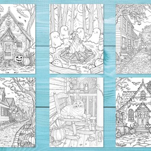 May include: Six black and white illustrations of Halloween scenes. The scenes include a spooky house, a group of ghosts around a campfire, a street with houses, a cat sitting on a porch swing, a street with houses, and a spooky house with pumpkins.