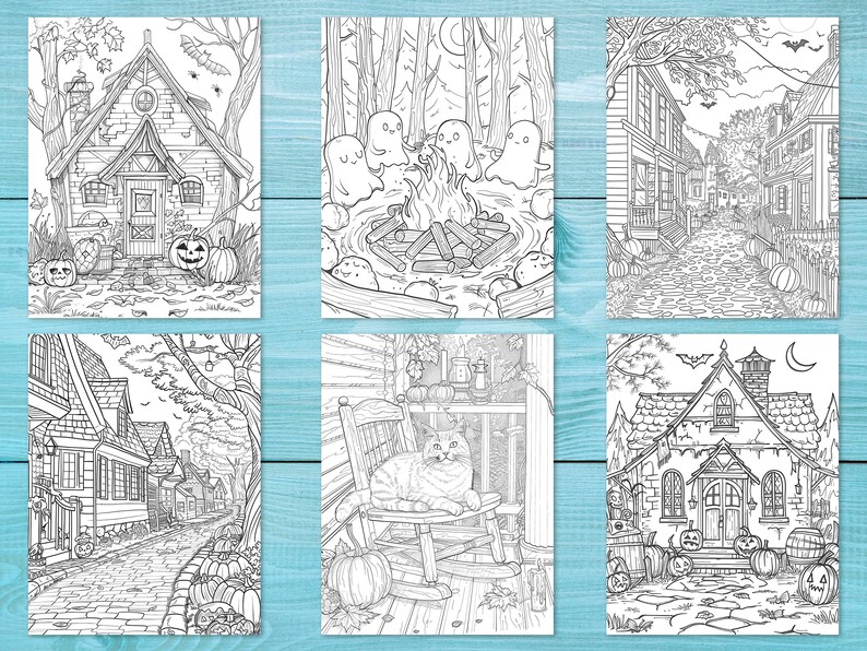 May include: Six black and white illustrations of Halloween scenes. The scenes include a spooky house, a group of ghosts around a campfire, a street with houses, a cat sitting on a porch swing, a street with houses, and a spooky house with pumpkins.