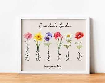 Personalisierter Omas Garten, Druckbare Geburtsmonat Blumen Wandkunst, Personalisierte Familiengarten Kunst Digitaler Download
