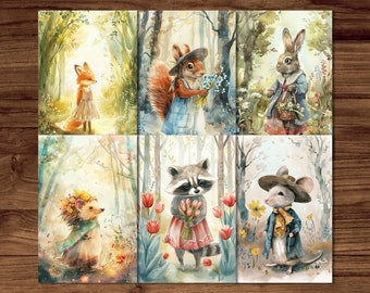 Cartoline di animali del bosco, 6 cartoline di fate stampabili Download digitale, set di cartoline in stile acquerello di animali della foresta