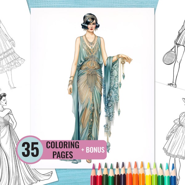Women's Outfits 1920s Coloring Book, 35 Printable Fashion Pages for Adults, Vintage Woman Clothing 1920s Coloring Page, Instant Download