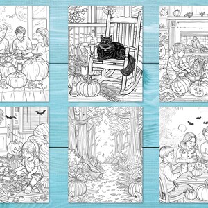 May include: A set of six black and white coloring pages featuring Halloween themes. The pages depict scenes of children carving pumpkins, a black cat sitting on a rocking chair, and families enjoying Halloween festivities.