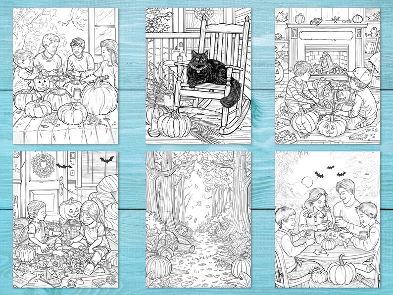May include: A set of six black and white coloring pages featuring Halloween themes. The pages depict scenes of children carving pumpkins, a black cat sitting on a rocking chair, and families enjoying Halloween festivities.