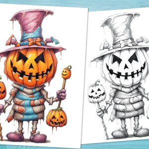 May include: A black and white line drawing of a pumpkin character wearing a hat and holding a staff with a pumpkin on top. The character is wearing a scarf and has a mischievous expression. The drawing is on a white background.