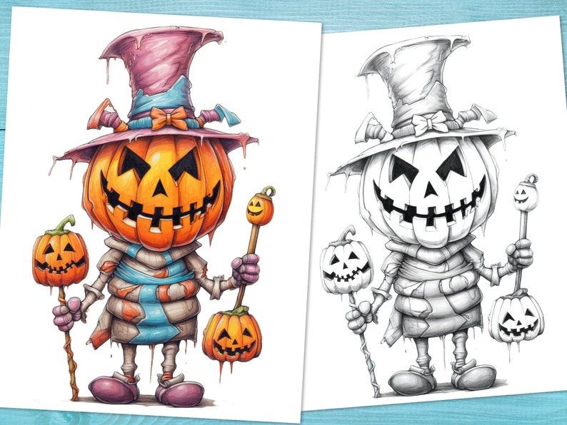May include: A black and white line drawing of a pumpkin character wearing a hat and holding a staff with a pumpkin on top. The character is wearing a scarf and has a mischievous expression. The drawing is on a white background.