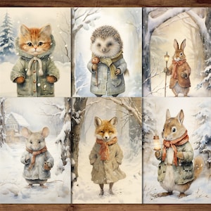Wintertiere-Postkarten, 6 druckbare Fantasy-Postkarten, digitaler Download, Weihnachtstiere-Postkarten-Set im Beatrix-Potter-Stil