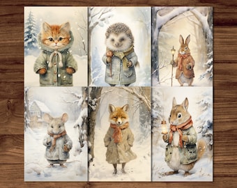 Winter Animals Postcards, 6 Printable Fantasy Postcard Digital Download, Christmas Animals Postcards Set Beatrix Potter Style