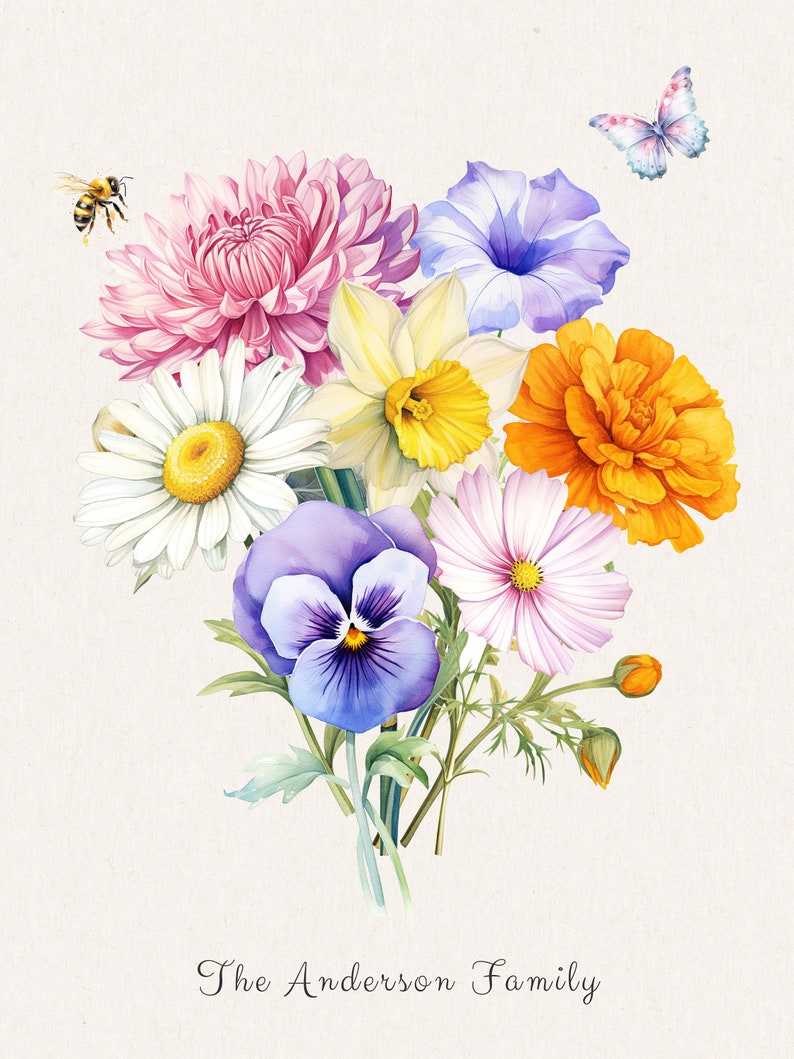 Custom Birth Flower Family Bouquet Digital Download, Printable Birth