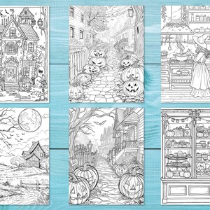 May include: Six black and white illustrations of Halloween scenes. The first image shows a spooky house with ghosts and bats. The second image shows a street with pumpkins and a house in the background. The third image shows a witch cooking in a kitchen. The fourth image shows a spooky house with a full moon in the background. The fifth image shows a street with pumpkins and a house in the background. The sixth image shows a shelf full of pumpkins and other Halloween treats.