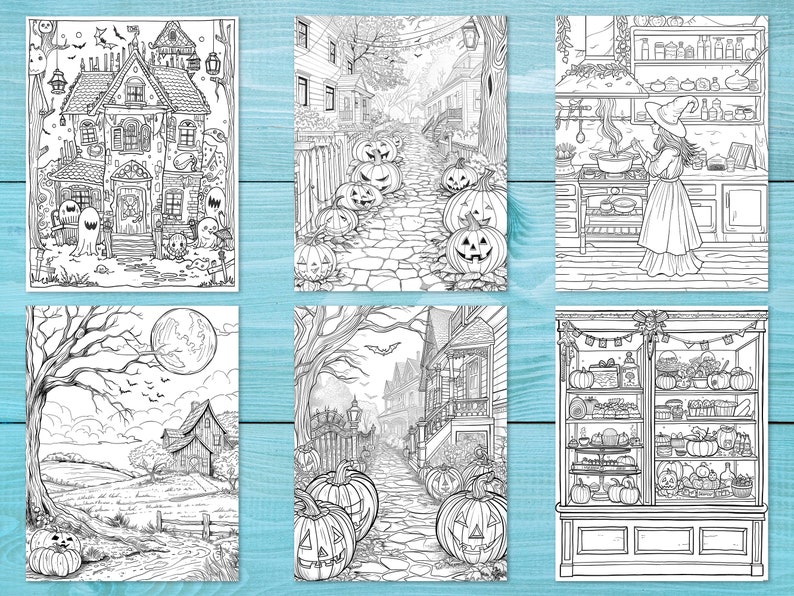 May include: Six black and white illustrations of Halloween scenes. The first image shows a spooky house with ghosts and bats. The second image shows a street with pumpkins and a house in the background. The third image shows a witch cooking in a kitchen. The fourth image shows a spooky house with a full moon in the background. The fifth image shows a street with pumpkins and a house in the background. The sixth image shows a shelf full of pumpkins and other Halloween treats.