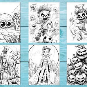 May include: Six black and white illustrations of Halloween themed characters and objects. The illustrations include a spider, a spooky character playing soccer, a ghost, a haunted house, a vampire, and a pile of jack-o-lanterns.
