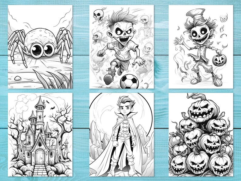 May include: Six black and white illustrations of Halloween themed characters and objects. The illustrations include a spider, a spooky character playing soccer, a ghost, a haunted house, a vampire, and a pile of jack-o-lanterns.
