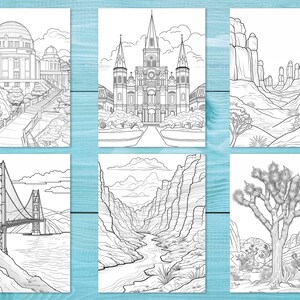 May include: A colouring book page featuring six different black and white illustrations of famous landmarks. The illustrations include a building with a dome, a cathedral, a canyon, a bridge, a canyon with a river, and a desert landscape with a Joshua tree.