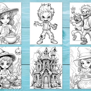 May include: A set of six black and white coloring pages featuring Halloween themes. The images include a witch stirring a cauldron, a zombie, a haunted house, and a monster.