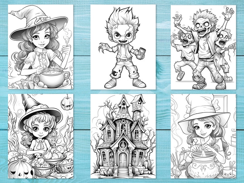 May include: A set of six black and white coloring pages featuring Halloween themes. The images include a witch stirring a cauldron, a zombie, a haunted house, and a monster.