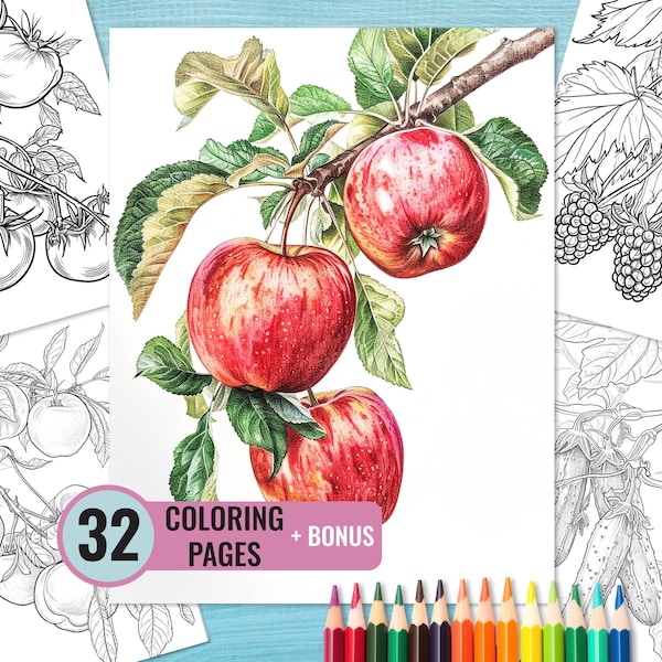 Fruits and Vegetables Coloring Book, 32 Printable Fruitage Pages for Adults, Berries On a Branch Coloring Page, Instant Download