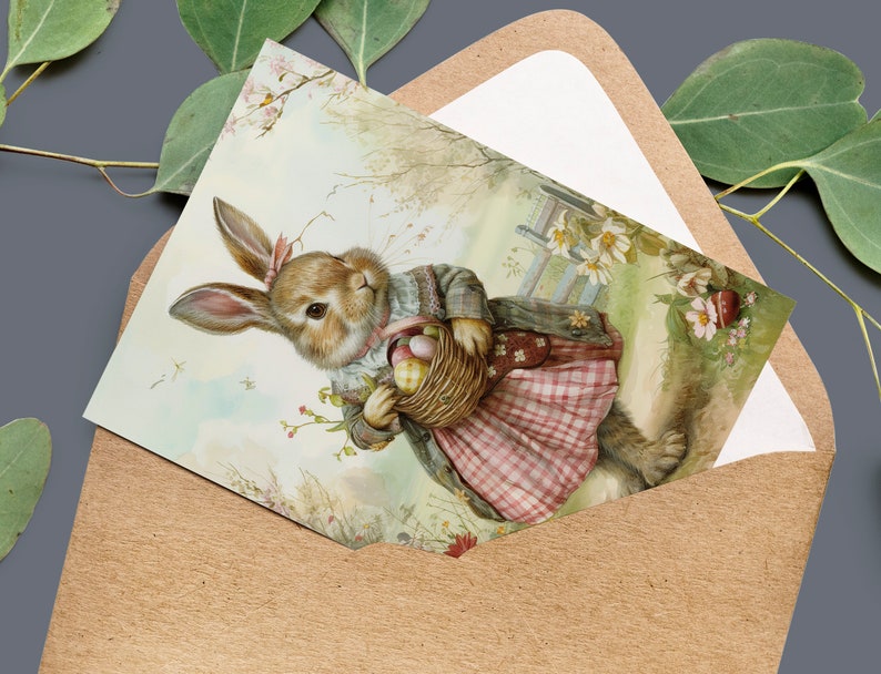 Easter Postcards, 6 Printable Cards Digital Download, Beatrix Potter Style Postcards Sheets, Easter Bunny Greeting Cards Set zdjęcie 9