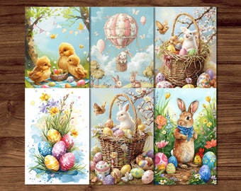 Tarjetas de Pascua, 6 descargas digitales de postales imprimibles, tarjetas de felicitación estilo acuarela, conjunto de postales de conejito de Pascua