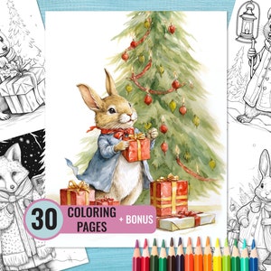 May include: A black and white coloring book featuring 30 pages of illustrations of animals, including a fox, a hedgehog, a rabbit, and a raccoon. The cover features a rabbit holding a gift under a Christmas tree.