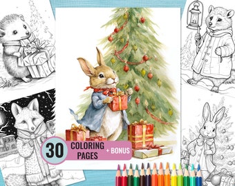 Weihnachtstier-Malbuch, 30 ausdruckbare Feenseiten für Erwachsene und Kinder, Malseite im Beatrix Potter-Stil, Sofortiger Download
