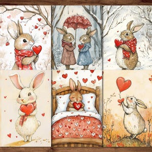 Hasen-Postkarten, 6 druckbare romantische Postkarten, digitaler Download, verliebte Kaninchen-Kartenbögen, Valentinstag-Postkarten-Set
