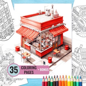 Isometric Buildings Coloring Book, 35 Printable City Houses Coloring Pages for Kids and Adults, Isometric Coloring Page, Instant Download