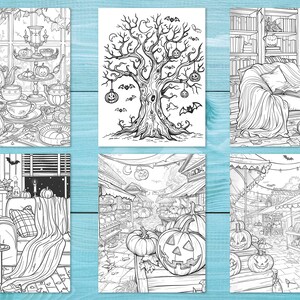 May include: Six black and white illustrations of Halloween scenes. The first scene shows a living room with a fireplace, a couch, and a table with a pumpkin and candles. The second scene shows a tree with pumpkins hanging from the branches. The third scene shows a living room with a couch, a bookshelf, and a pumpkin. The fourth scene shows a market with pumpkins and other Halloween decorations. The fifth scene shows a market with pumpkins and other Halloween decorations. The sixth scene shows a market with pumpkins and other Halloween decorations.