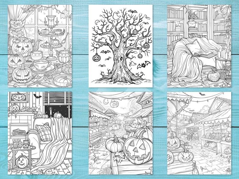 May include: Six black and white illustrations of Halloween scenes. The first scene shows a living room with a fireplace, a couch, and a table with a pumpkin and candles. The second scene shows a tree with pumpkins hanging from the branches. The third scene shows a living room with a couch, a bookshelf, and a pumpkin. The fourth scene shows a market with pumpkins and other Halloween decorations. The fifth scene shows a market with pumpkins and other Halloween decorations. The sixth scene shows a market with pumpkins and other Halloween decorations.