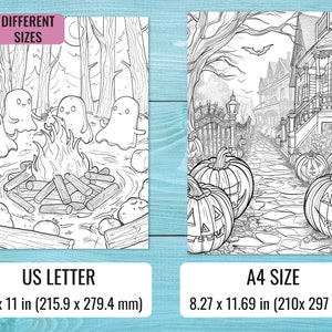 May include: Two black and white coloring pages, one featuring ghosts around a campfire and the other featuring a spooky Halloween street scene with pumpkins. The text "2 DIFFERENT SIZES" is at the top of the image. The text "US LETTER 8.5 x 11 in (215.9 x 279.4 mm)" is below the first image. The text "A4 SIZE 8.27 x 11.69 in (210x 297 mm)" is below the second image.