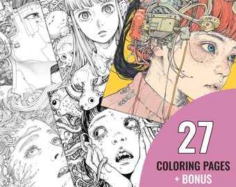 Guro Manga Coloring Book, 27 Printable Anime Pages for Adults and Kids, Surrealism Art Coloring Page, Instant Download