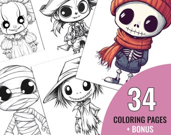 Halloween Characters Coloring Book, 34 Printable Spooky Coloring Pages for Kids and Adults, Fun Coloring Page, Instant Download