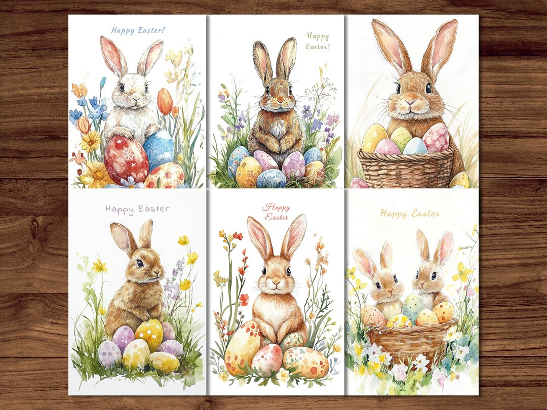 Printable Easter Bunny Cards | 6 Cute Rabbit Postcards | Watercolor ...