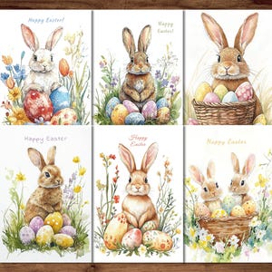 Biglietti stampabili con coniglietto pasquale | 6 graziose cartoline di conigli | Scarica il set di biglietti di Pasqua in stile acquerello