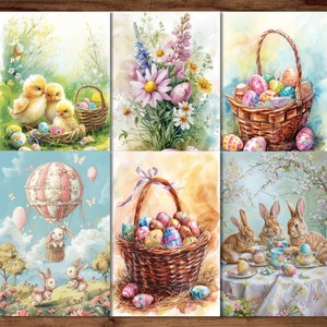 Fröhliche Ostern-Postkarten, 6 druckbare Postkarten, digitaler Download, Postkartenbögen im Aquarell-Stil, Osterhasen-Postkarten-Set