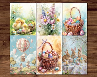 Happy Easter Postcards, 6 Printable Postcard Digital Download, Watercolor Style Postcards Sheets, Easter Bunny Postcards Set