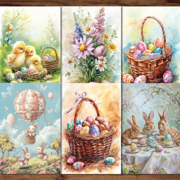 Cartes postales de Joyeuses Pâques, 6 cartes postales imprimables en téléchargement numérique, feuilles de cartes postales de style aquarelle, ensemble de cartes postales de lapin de Pâques