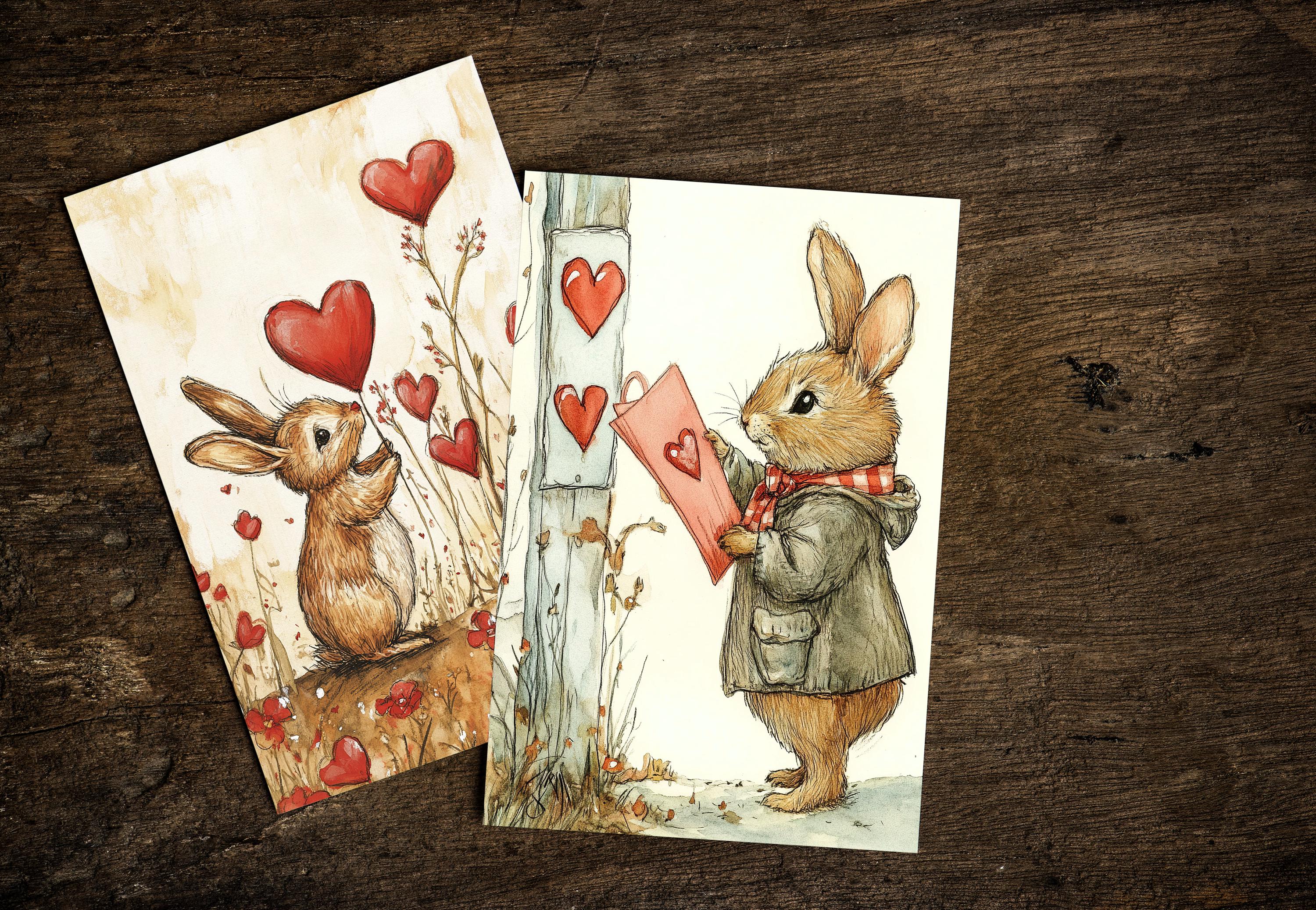 Rabbit Postcards, 6 Printable Love Postcard Digital Download, Romantic ...