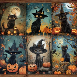 Può includere: Sei stampe artistiche a tema Halloween con gatti neri, zucche e lune piene. Le illustrazioni hanno uno stile stravagante con foglie autunnali e sfondi di foreste spettrali. Alcuni gatti indossano cappelli da strega.
