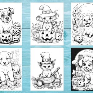 K&ouml;nnte beinhalten: Ein Set mit sechs Schwarzwei&szlig;-Malvorlagen mit niedlichen Cartoon-Hunden und Katzen, die sich f&uuml;r Halloween verkleidet haben. Die Bilder beinhalten K&uuml;rbisse, Hexenh&uuml;te und andere Halloween-Elemente.