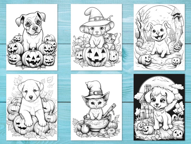K&ouml;nnte beinhalten: Ein Set mit sechs Schwarzwei&szlig;-Malvorlagen mit niedlichen Cartoon-Hunden und Katzen, die sich f&uuml;r Halloween verkleidet haben. Die Bilder beinhalten K&uuml;rbisse, Hexenh&uuml;te und andere Halloween-Elemente.