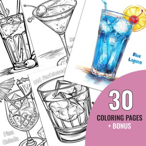 Cocktail Coloring Book, 30 Printable Pages for Adults and Kids, Alcoholic Drinks Coloring Page, Instant Download